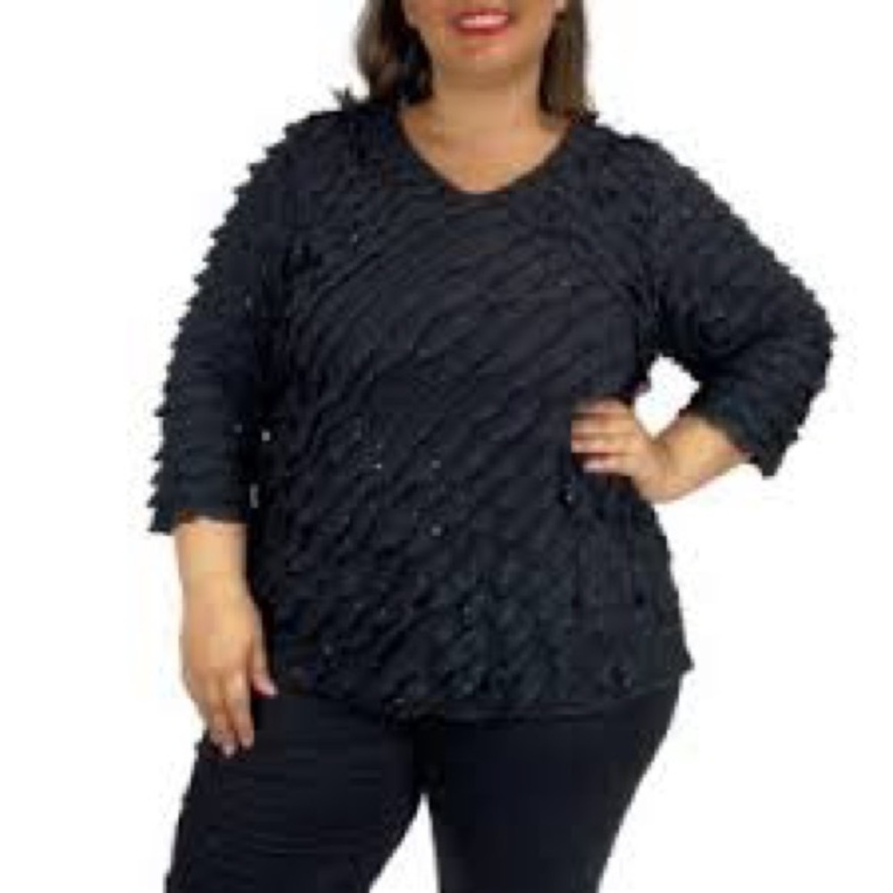 Plus size Notations Black Ruffled Long Sleeve Silver Dot Top, 2X